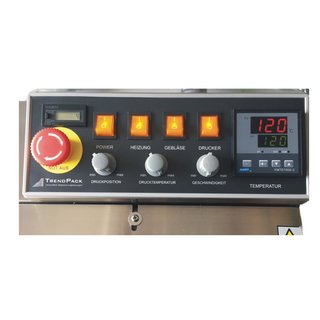 Durchlaufschweißgerät TR - 900 HC mit digitaler Temperatursteuerung, fotozellengesteuerter Druckvorrichtung, Arbeitsschutzvorrichtung und Stückzähler.