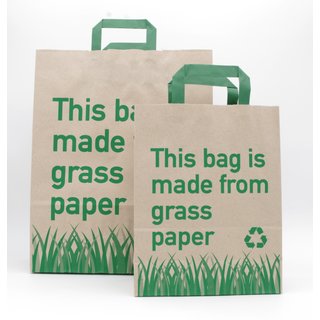 Mit Aufdruck - Nachhaltig produzierte Taschen mit Grasanteil und Recyclingpapier MAXI 32+12x40cm. (B + T x H) 250 Stück